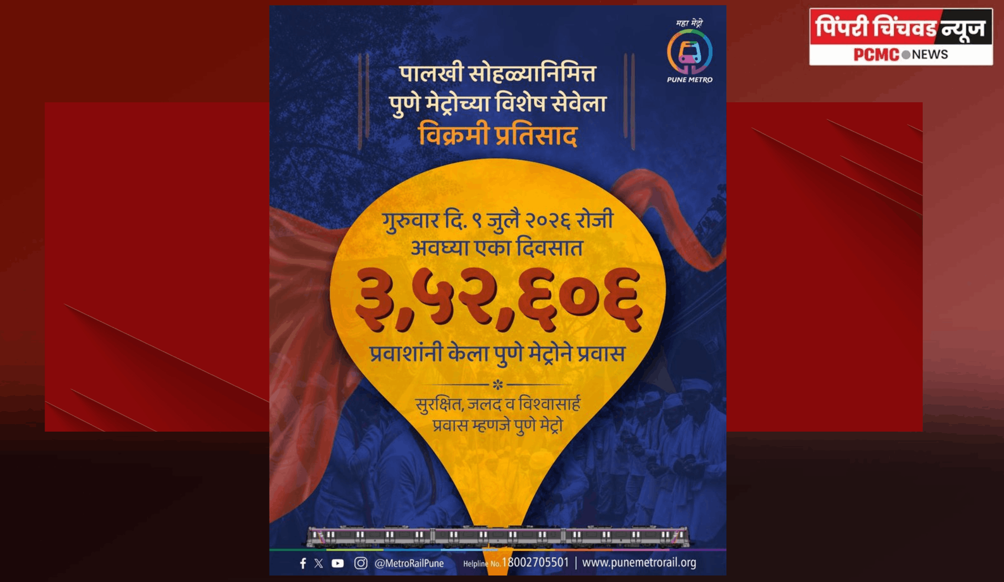 आषाढी वारी पालखी सोहळ्यानिमित्त पुणे मेट्रोच्या विशेष सेवेला प्रवाशांचा विक्रमी प्रतिसाद