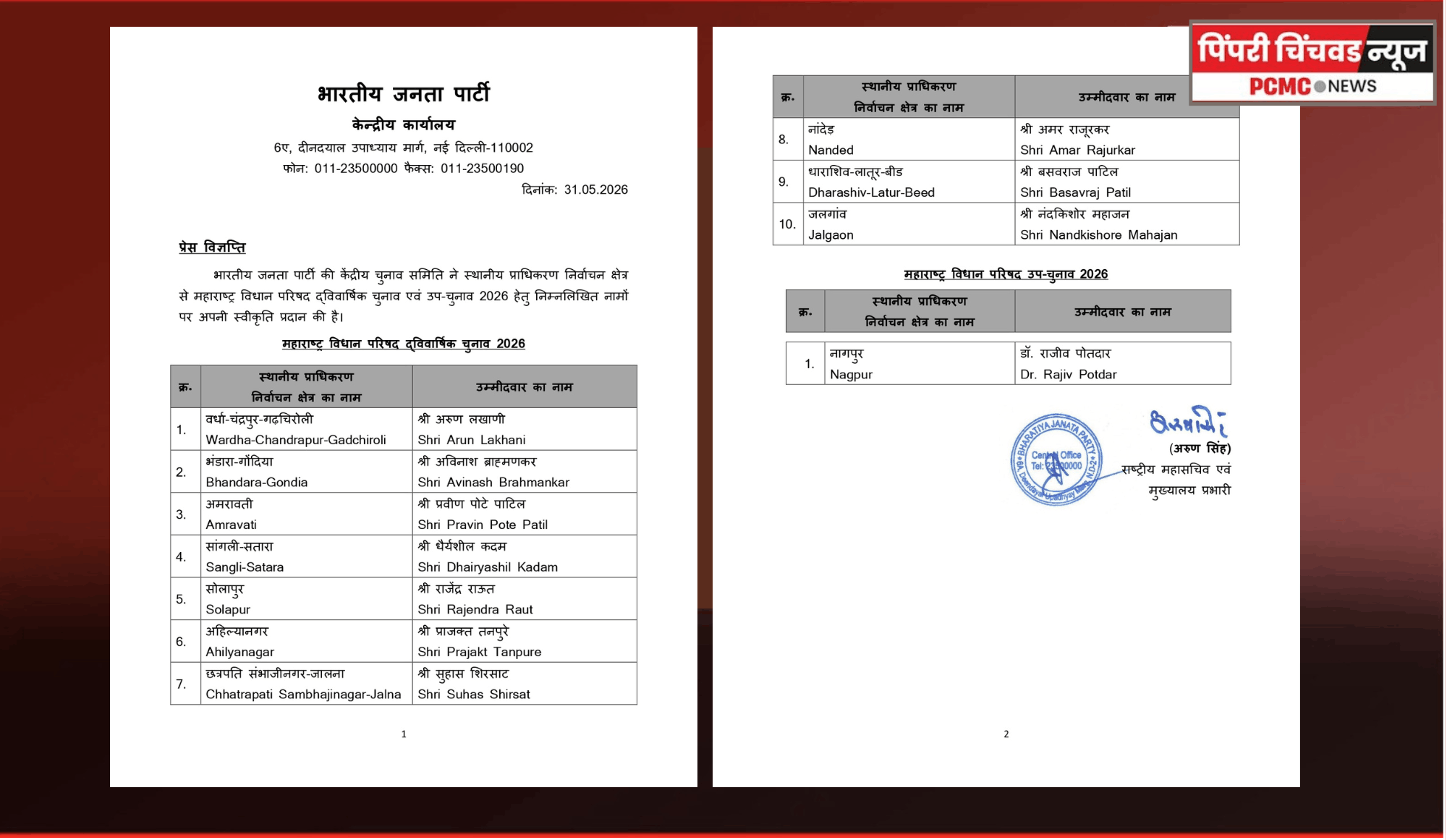 महाराष्ट्र विधान परिषद द्वैवार्षिक निवडणुकीसाठी भाजपच्या ११ उमेदवारांची यादी जाहीर