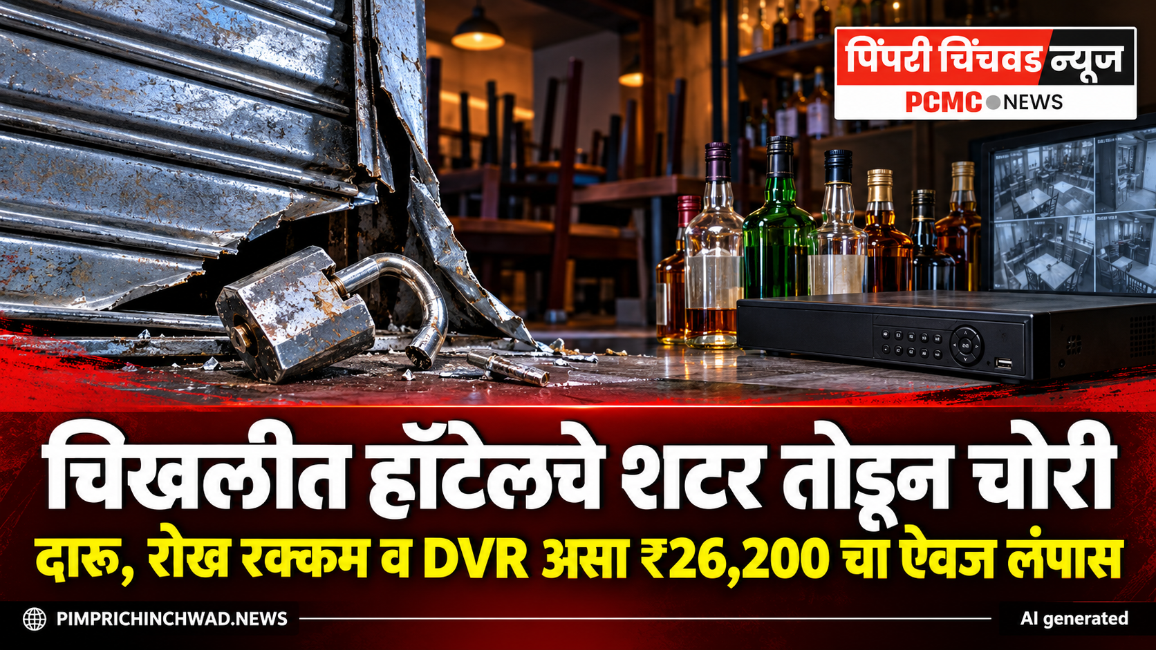 चिखलीत हॉटेलचे शटर तोडून चोरी; दारूच्या बाटल्या, रोख रक्कम आणि सीसीटीव्हीचा DVR असा रु.26,200 चा ऐवज लंपास