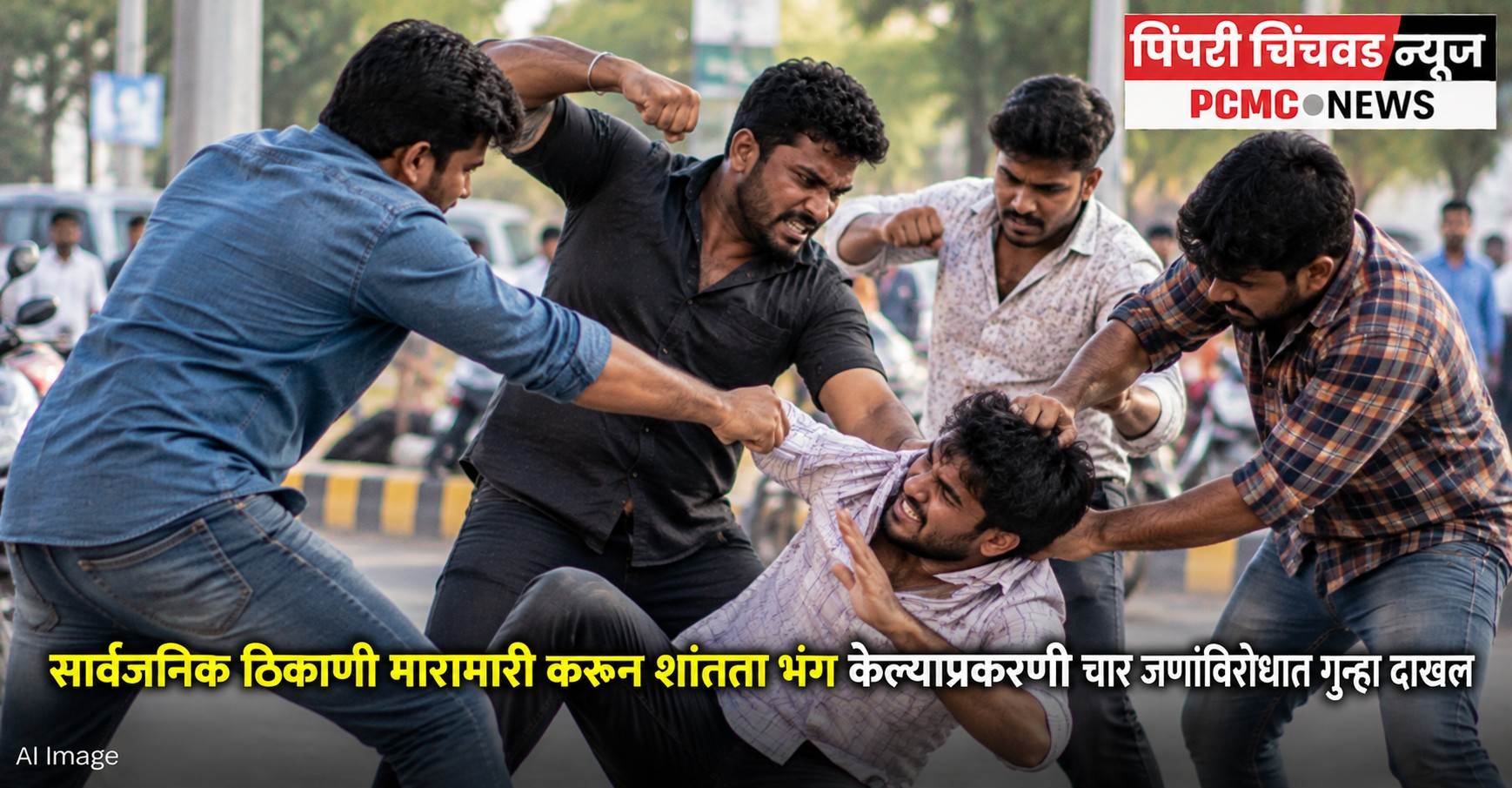 सार्वजनिक ठिकाणी मारामारी केल्याप्रकरणी चार जणांविरोधात गुन्हा दाखल