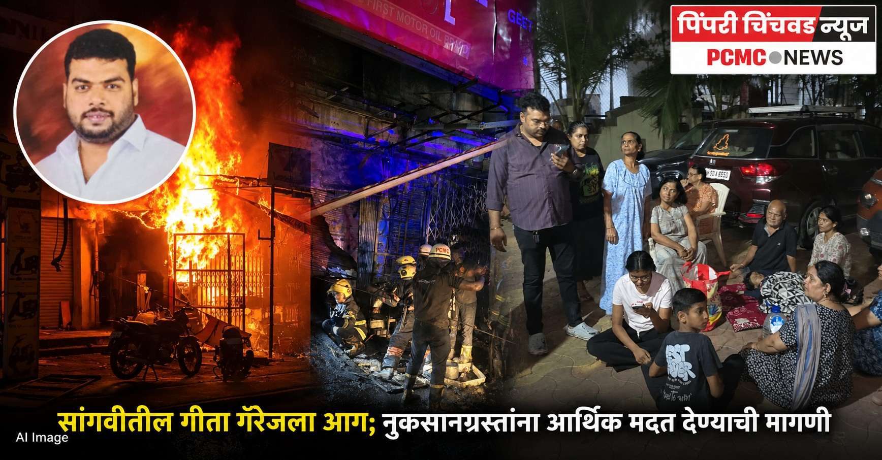 सांगवीतील गीता गॅरेजला आग; नुकसानग्रस्तांना आर्थिक मदत देण्याची मागणी
