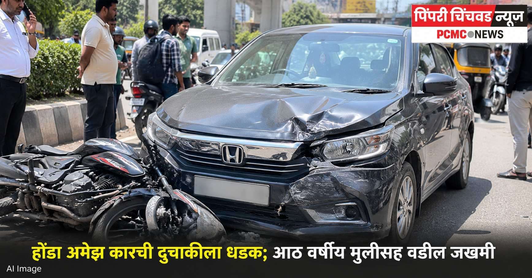 होंडा अमेझ कारची दुचाकीला धडक; आठ वर्षीय मुलीसह वडील जखमी