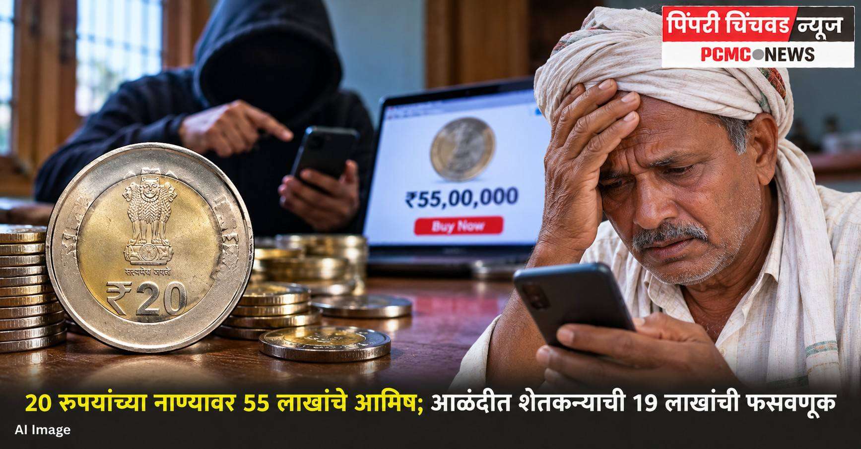 20 रुपयांच्या नाण्यावर 55 लाखांचे आमिष; आळंदीत शेतकऱ्याची 19 लाखांची फसवणूक