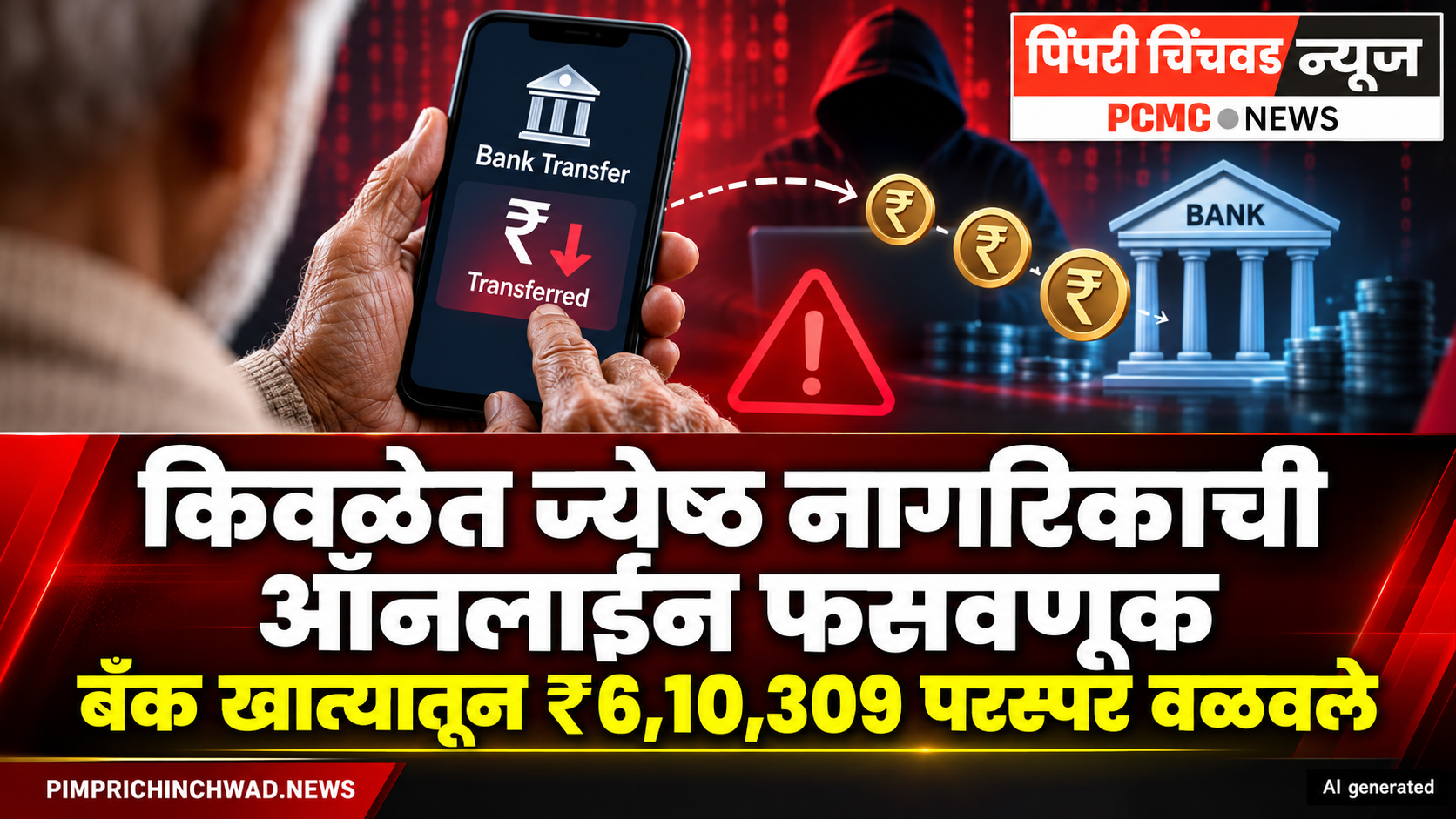 किवळेत 72 वर्षीय निवृत्त नागरिकाची ऑनलाइन फसवणूक; बँक खात्यातून संमतीविना रु.6,10,309 अन्य खात्यांवर वळवले