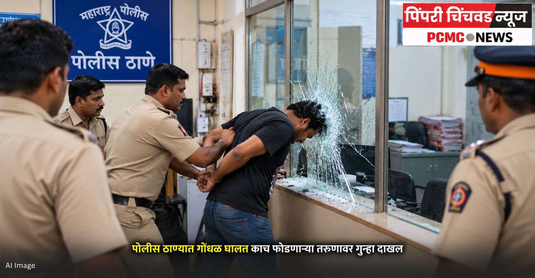 पोलीस ठाण्यात गोंधळ घालत काच फोडणाऱ्या तरुणावर गुन्हा दाखल