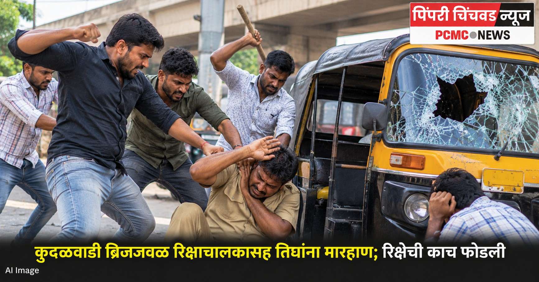 कुदळवाडी ब्रिजजवळ रिक्षाचालकासह तिघांना मारहाण; रिक्षेची काच फोडली
