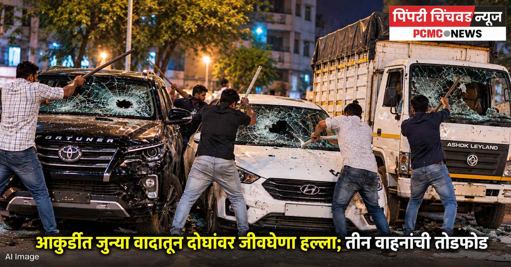आकुर्डीत जुन्या वादातून दोघांवर जीवघेणा हल्ला; तीन वाहनांची तोडफोड