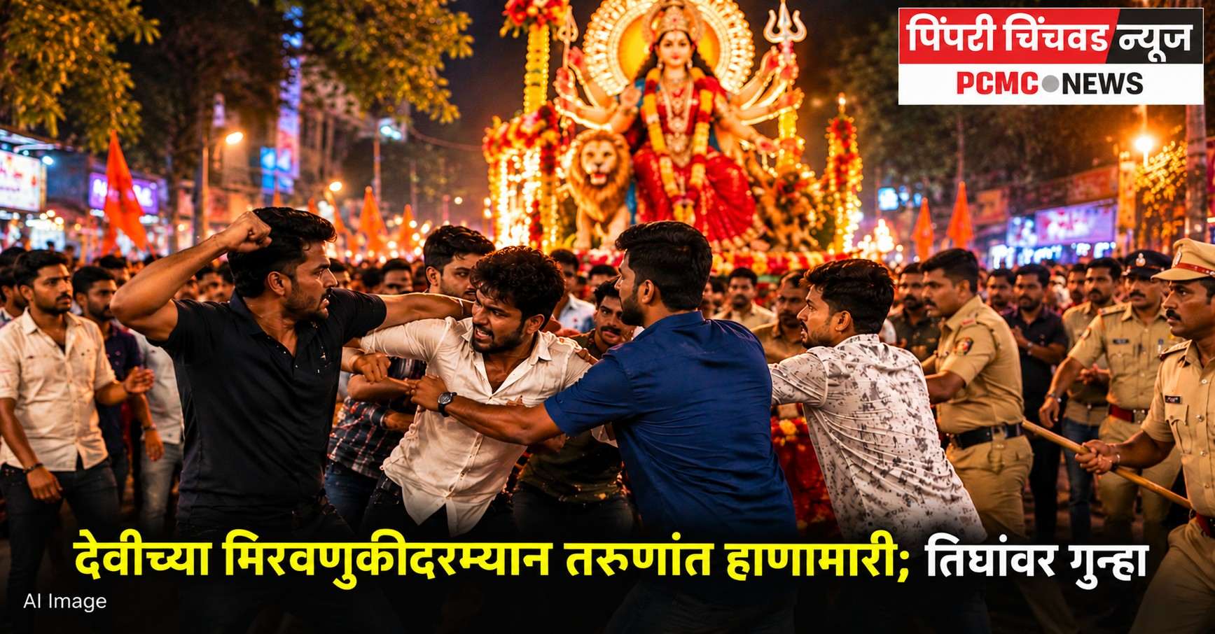 देवीच्या मिरवणुकीदरम्यान तरुणांत हाणामारी; तिघांवर गुन्हा