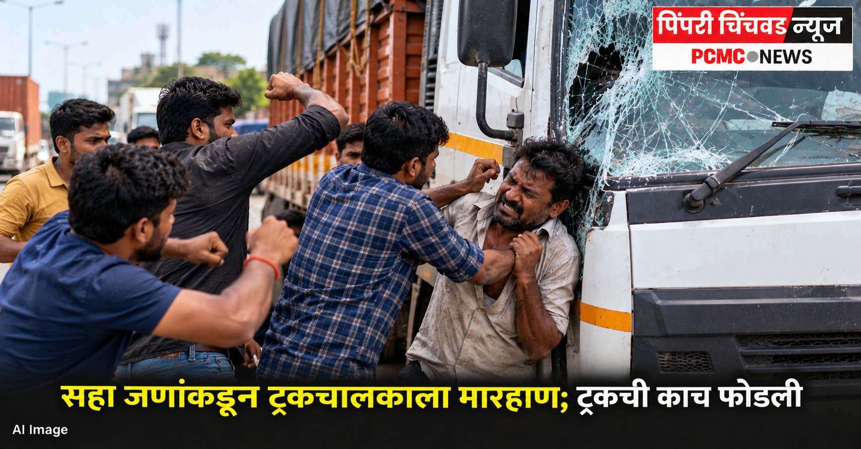 सहा जणांकडून ट्रकचालकाला मारहाण; ट्रकची काच फोडली