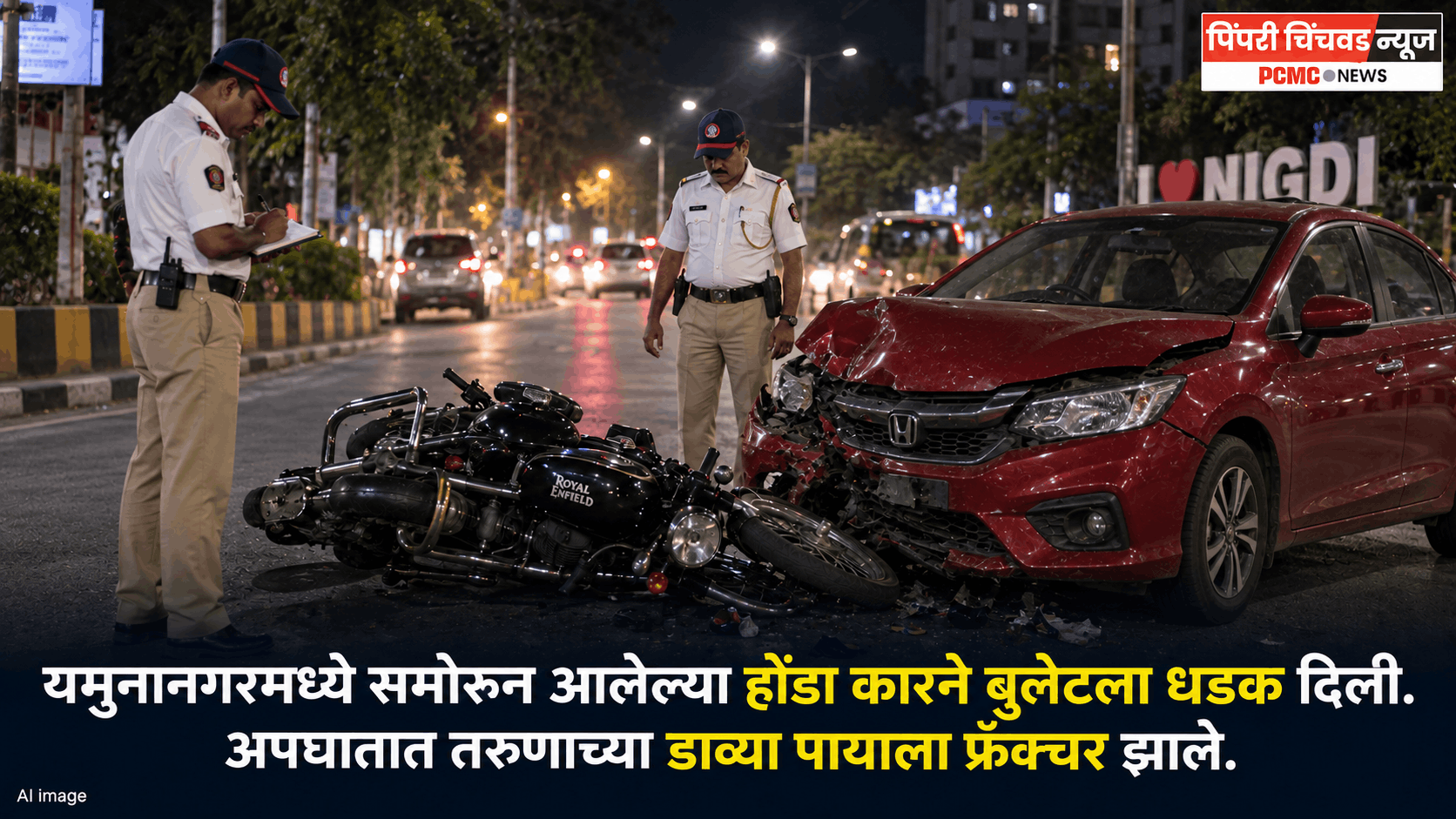 निगडीत भरधाव कारची बुलेटला धडक; 21 वर्षीय तरुणाच्या पायाला फ्रॅक्चर, चालक फरार