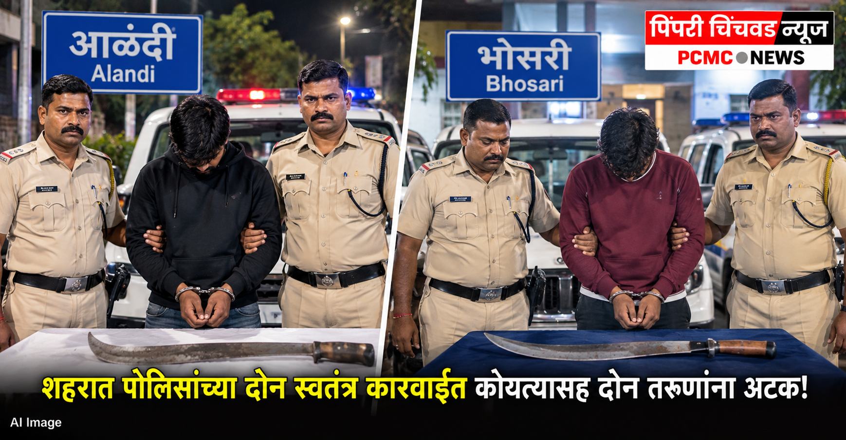 शहरात पोलिसांच्या दोन स्वतंत्र कारवाईत कोयत्यासह दोन तरुणांना अटक!