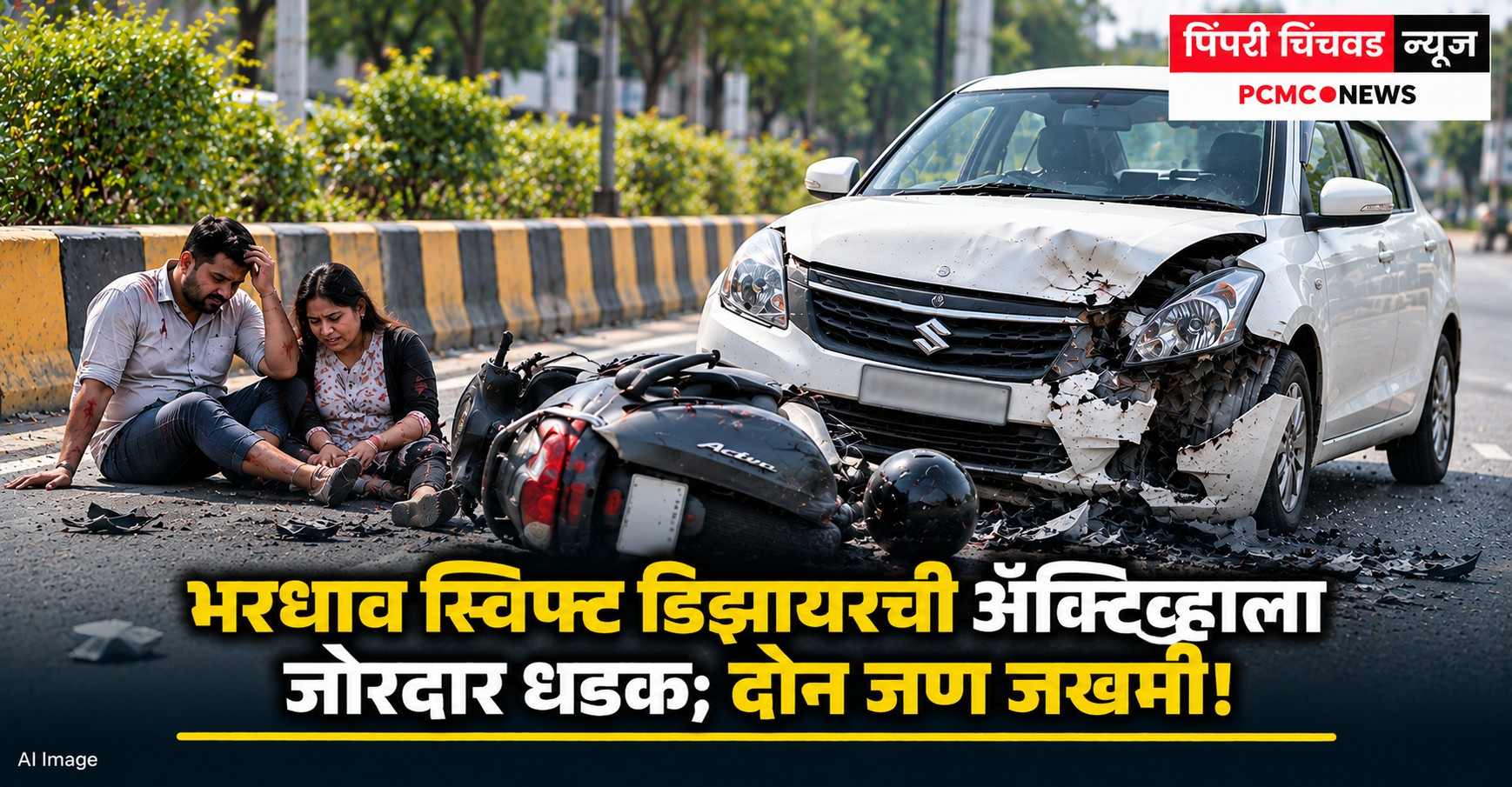 भरधाव स्विफ्ट डिझायरची अ‍ॅक्टिव्हाला जोरदार धडक; दोन जण जखमी!