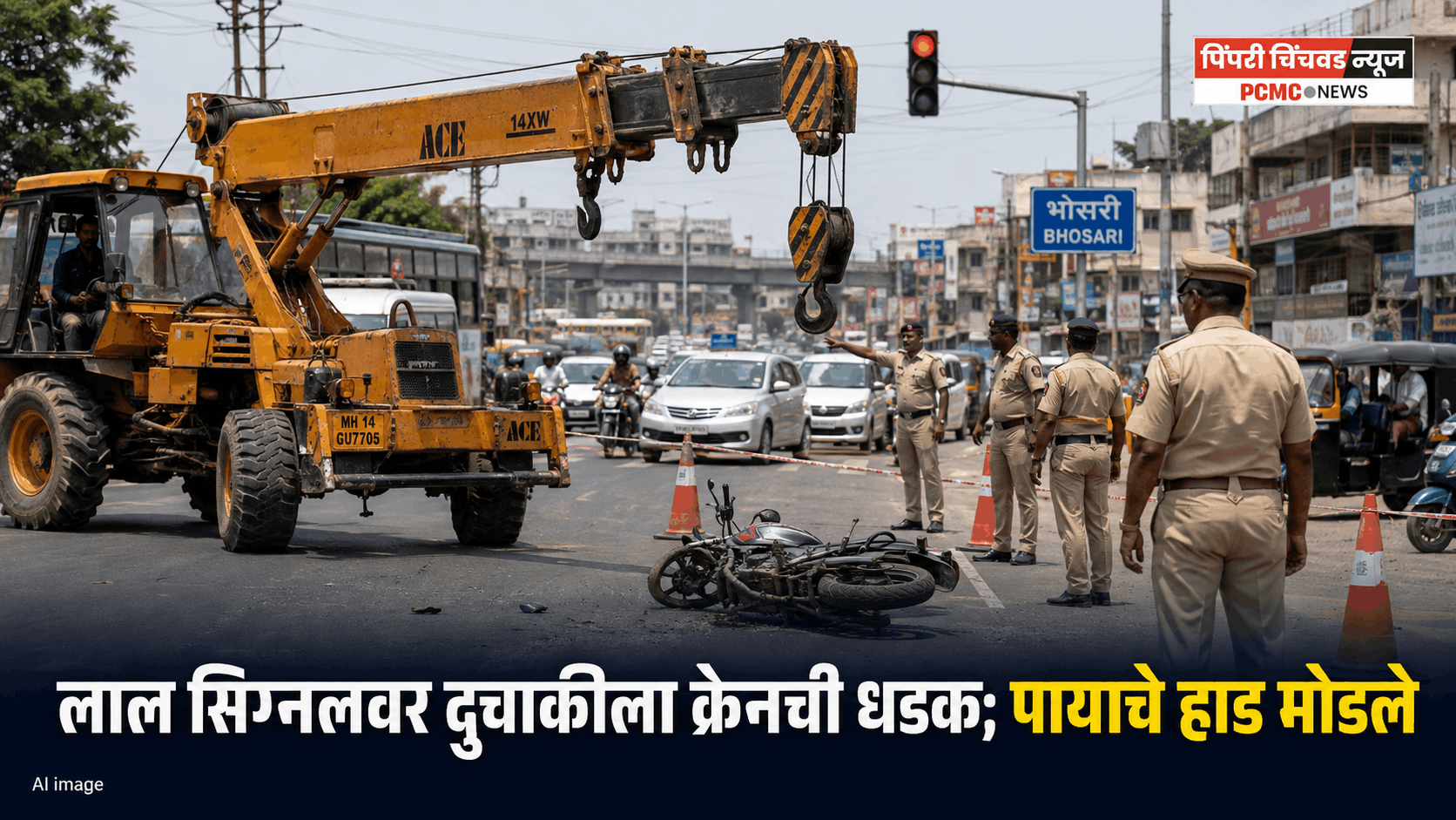 भोसरीत सिग्नलवर थांबलेल्या दुचाकीला क्रेनची धडक; दुचाकीस्वाराच्या पायाचे हाड मोडले