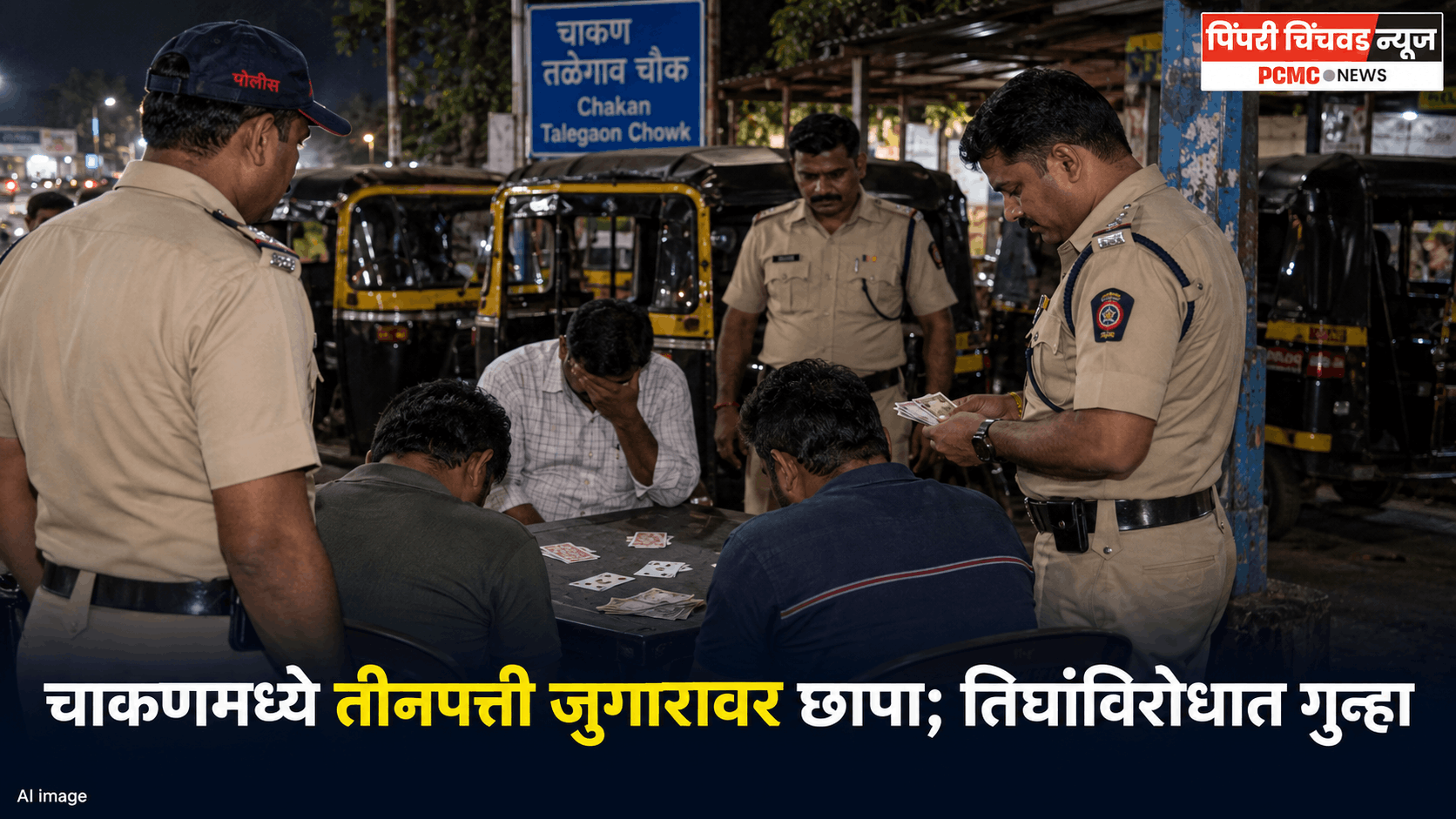 चाकणमध्ये तीन पत्ती जुगार खेळवणाऱ्या तिघांवर कारवाई; 3 हजार 80 रुपयांचा मुद्देमाल जप्त