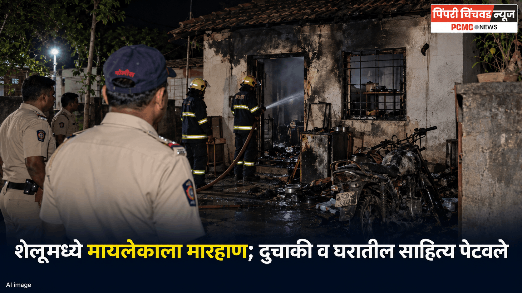 शेलूमध्ये आई-मुलाला मारहाण करून दुचाकी व घरातील साहित्य पेटवले; दोघांविरोधात गुन्हा